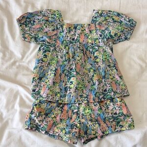 GAP Floral Puff-Sleeve Top and Shorts Set in Blue, Pink, Green